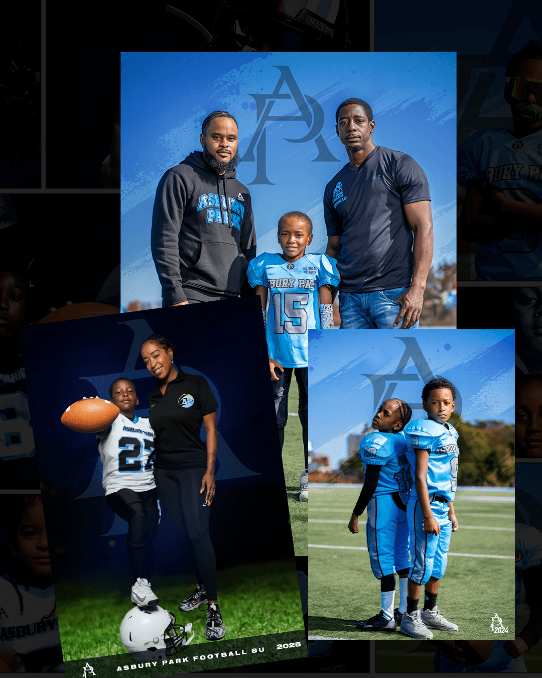 Examples of Asbury Park athletes photographed with parents, coaches, and teammates